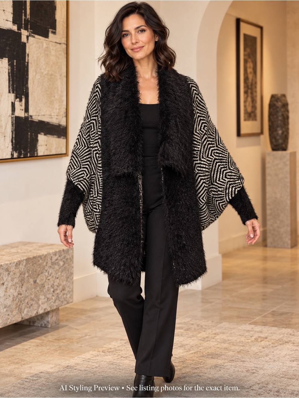 S-Twelve M/L Black Cream Geometric Batwing Eyelash Cardigan Sweater
